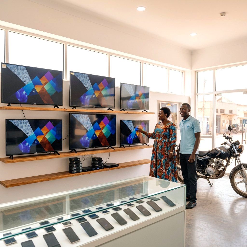 LUMBIKA showroom with customers, electronics and a motorcycle